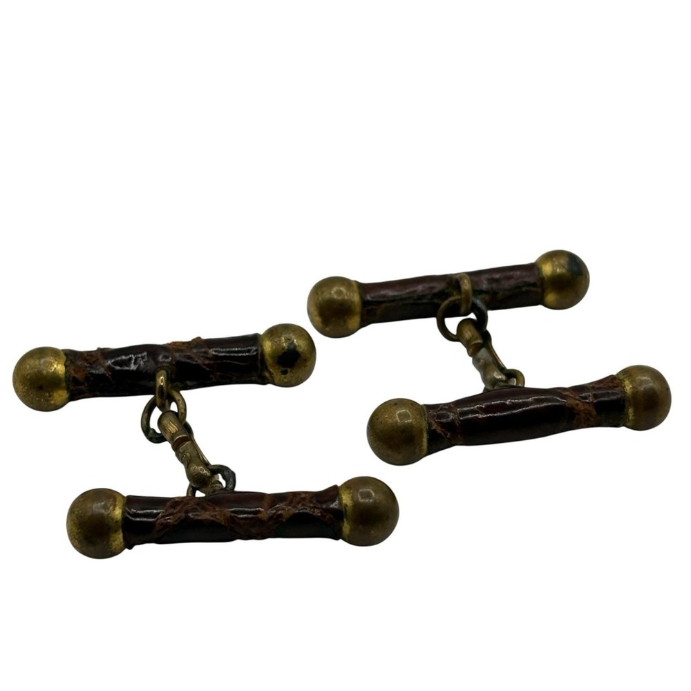 Vtg Antique Cufflinks Brown‎ Snakeskin Leather Brass Barbell  Chain Link RARE